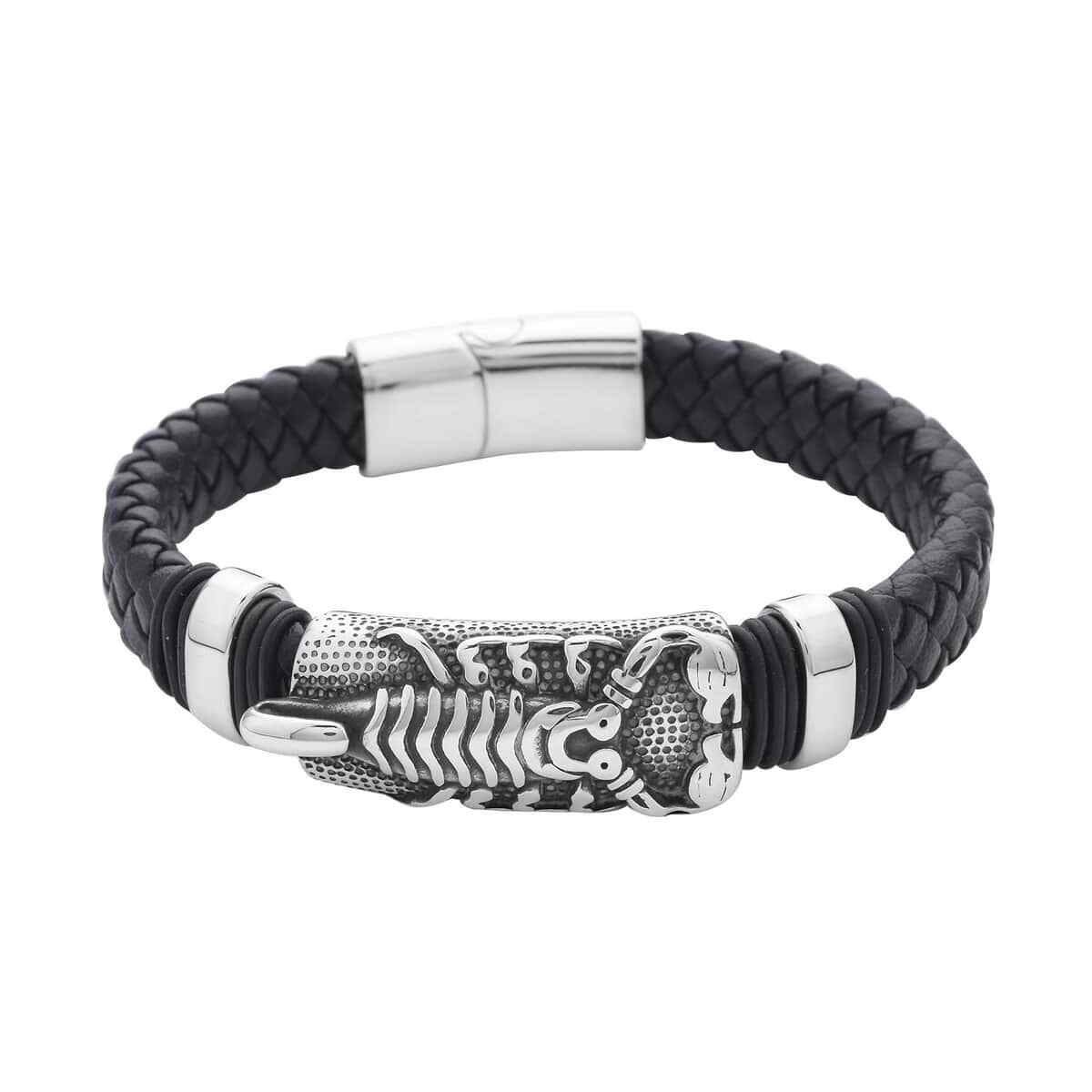 Faux Leather Scorpion Pattern Bracelet in Black Oxidized Stainless Steel (8.00″)