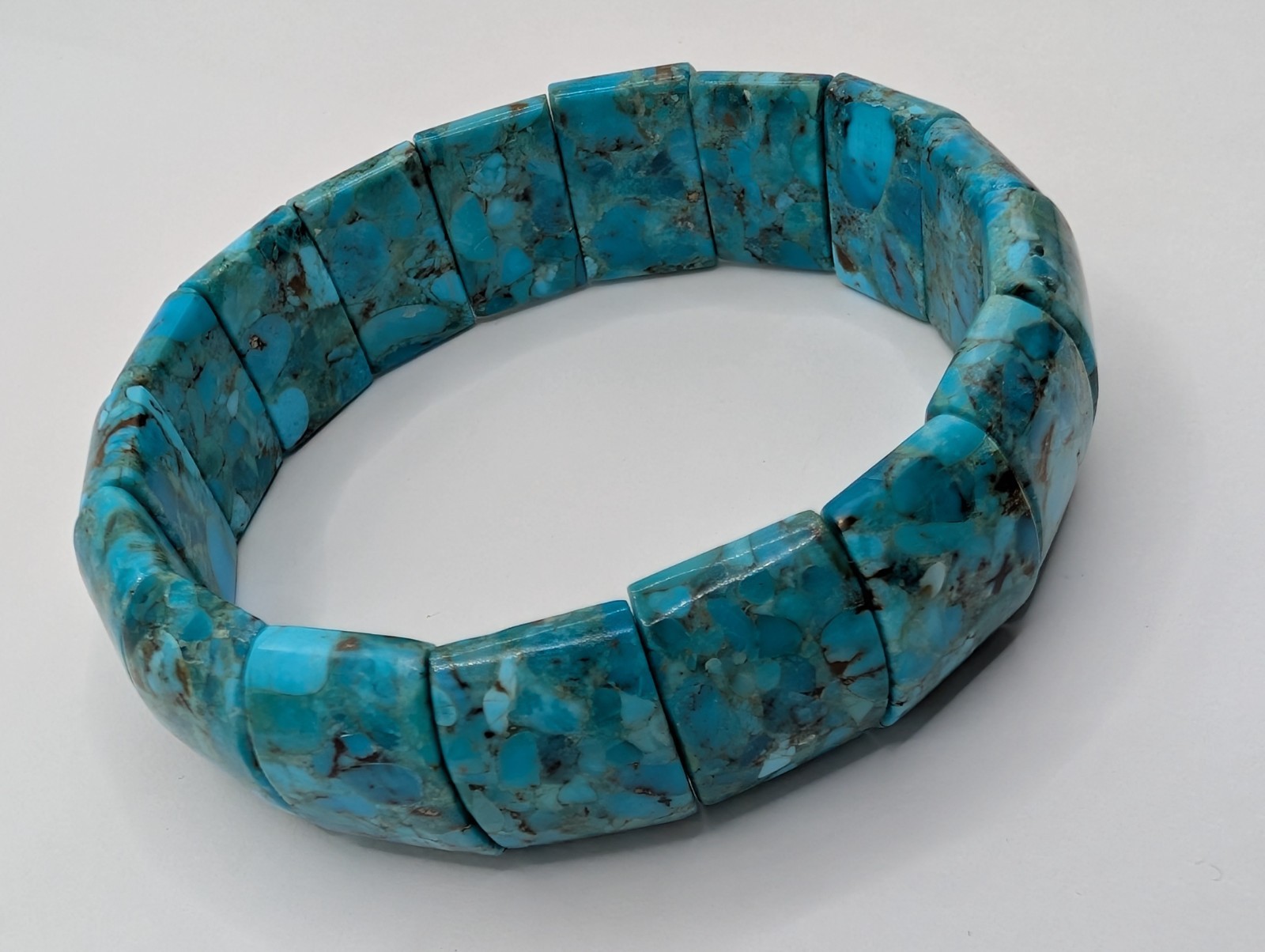 Composite Turquoise Wide Stretch Bracelet Blue Matrix Statement 7″ Boho Chunky