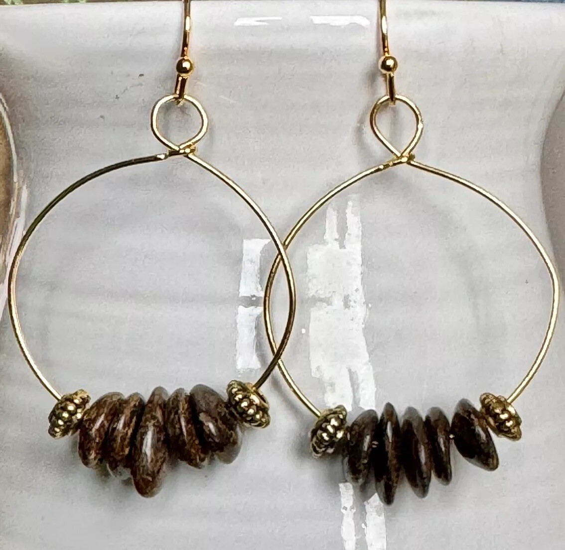Gold & Dark Brown Stone Chip Dangle Hoop Earrings. Boho Chic.