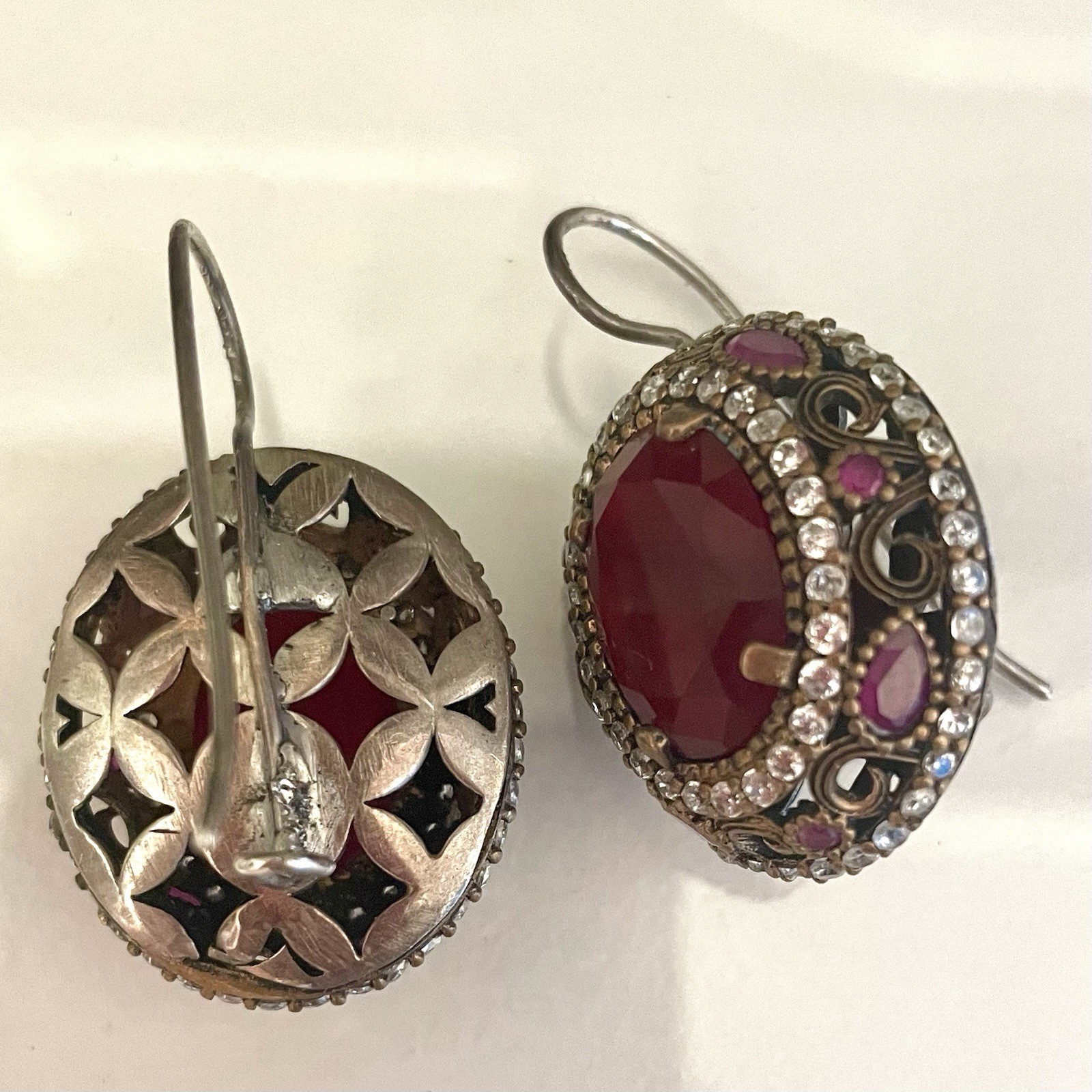 Vintage Red Rube Rhinestone Statement Earrings Silver & Gold Tone Filigree Oval