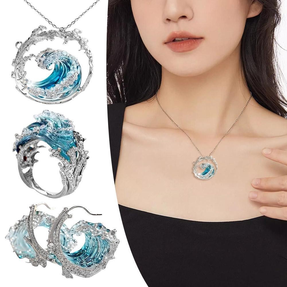 Luxury Blue Ocean Wave Crystal Flower Necklace Earring Hot Bridal Wedding set