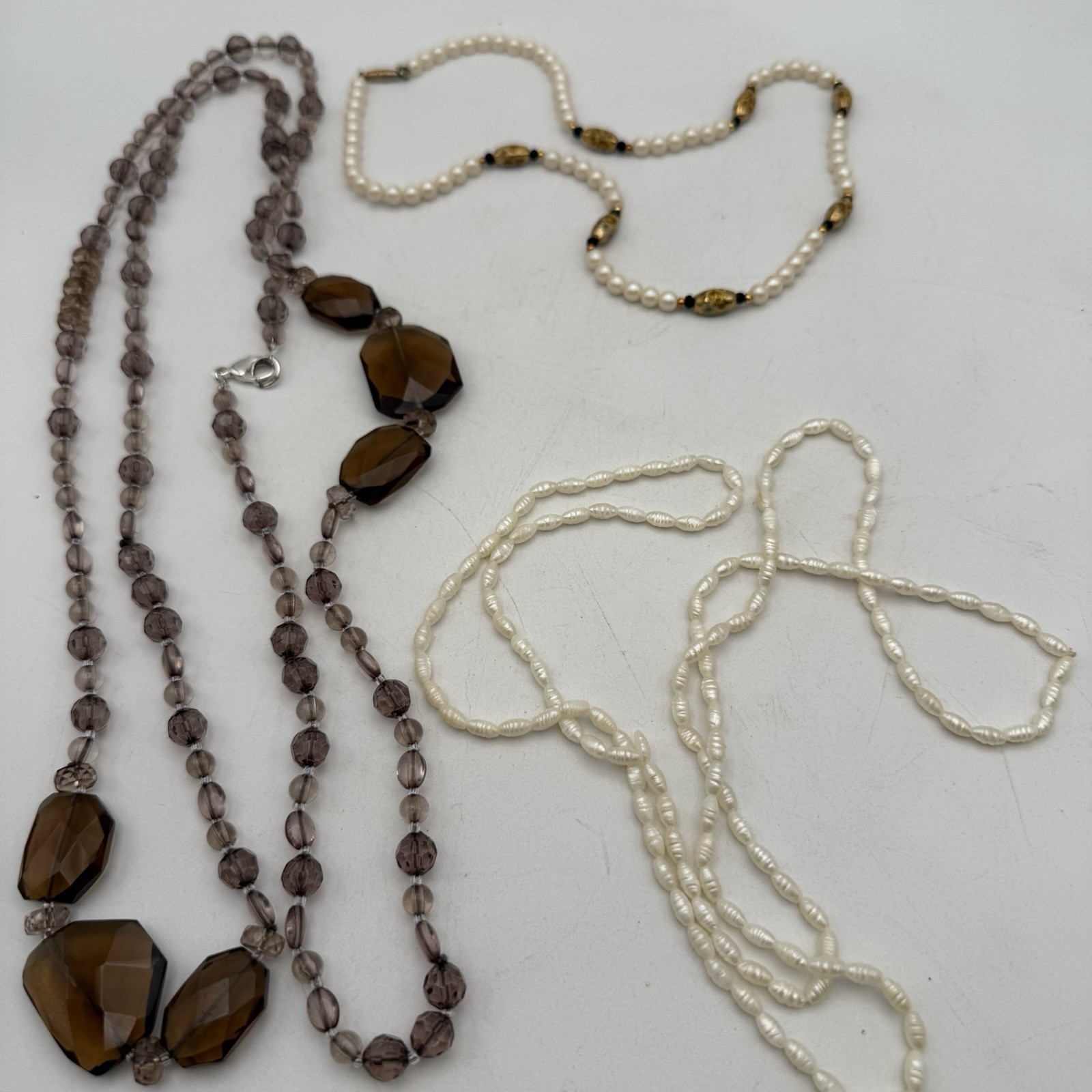 Lot Of 3 Faux Pearl Cloisonné Rice Pearl Smoky Quartz Necklaces Varied Sizes