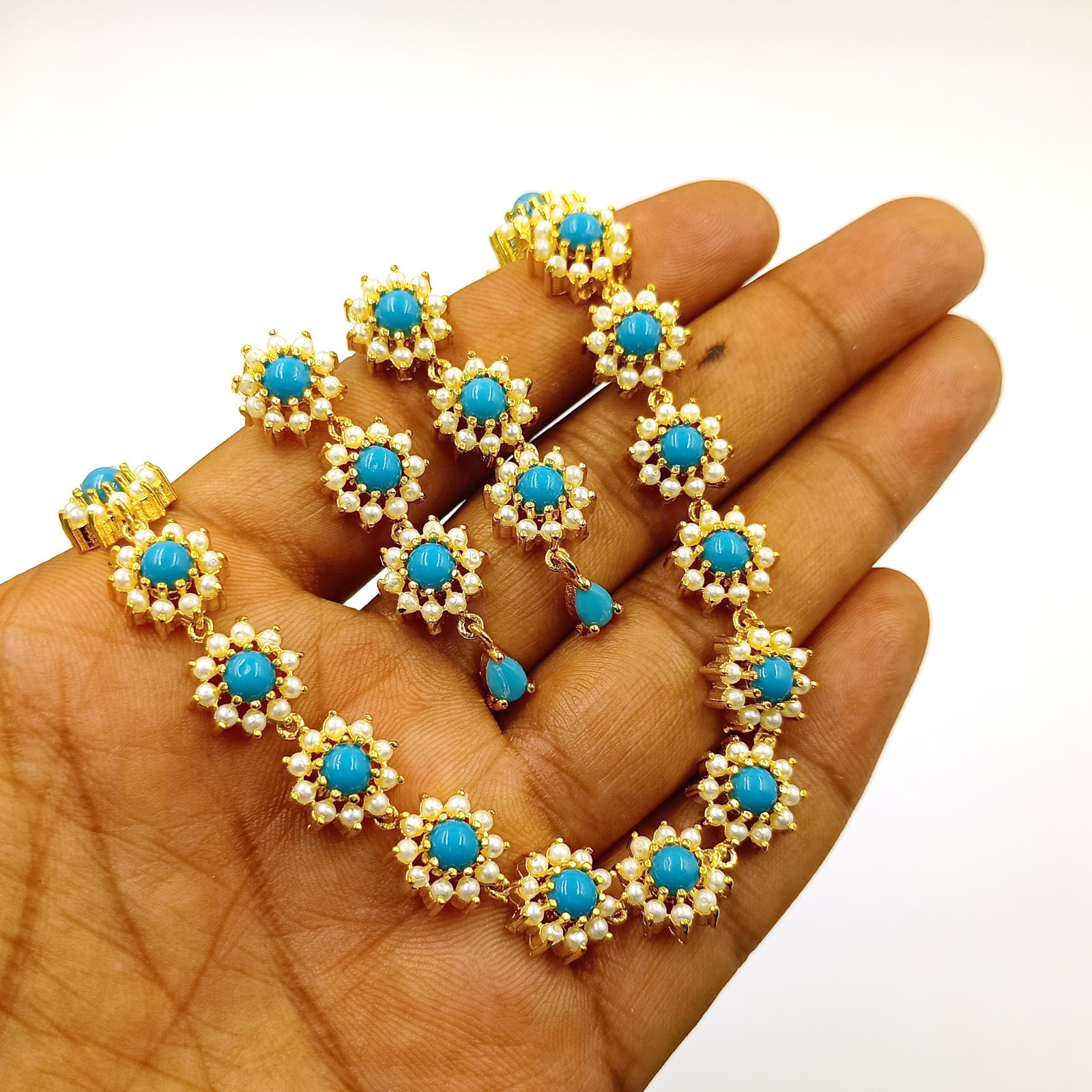 Bohemian Turquoise Pearl Necklace Set 22k Gold Plated Wedding Party Jewelry Gift