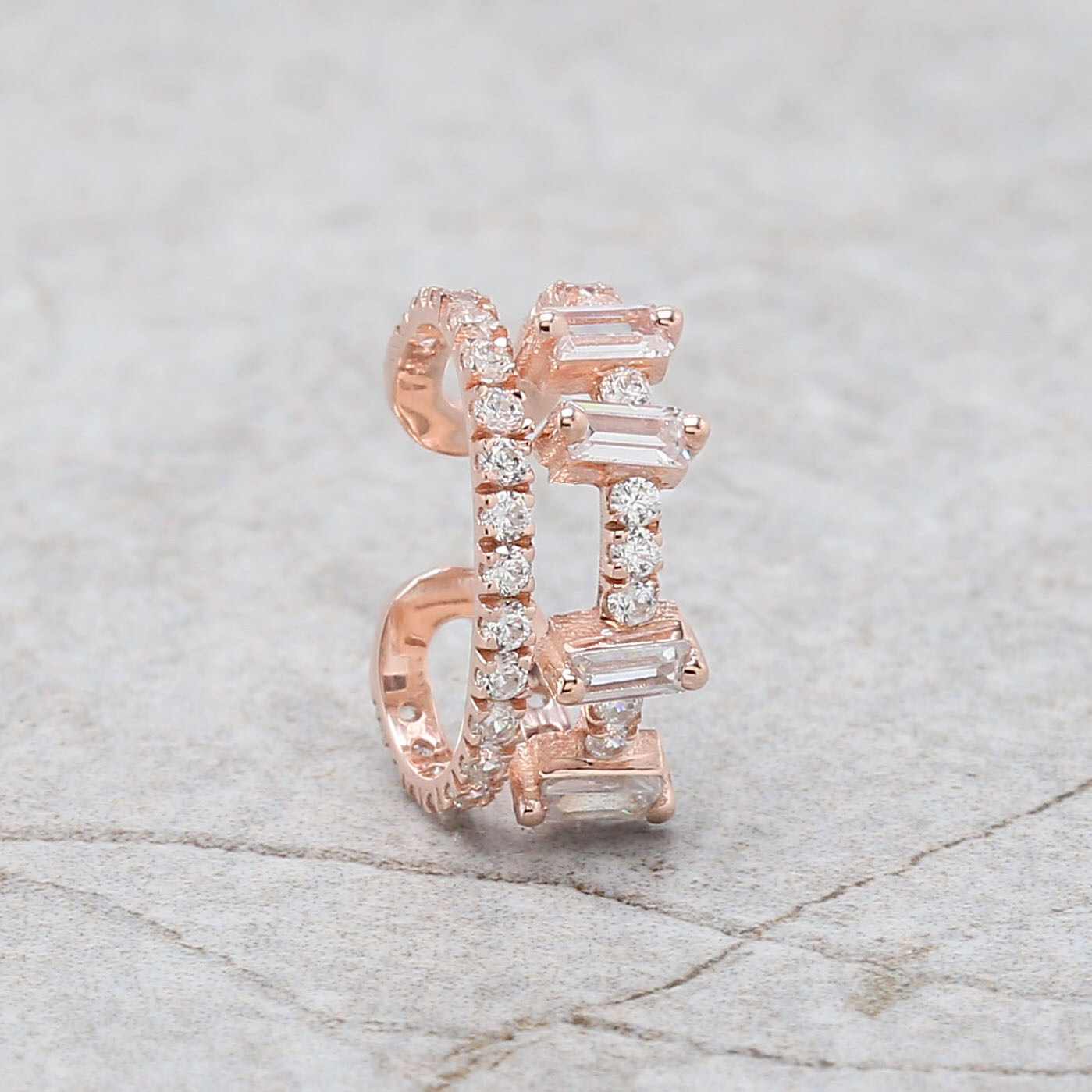 Natural Round /Baguette Diamond Ear Cuff 14K Rose White Yellow Gold KD1085