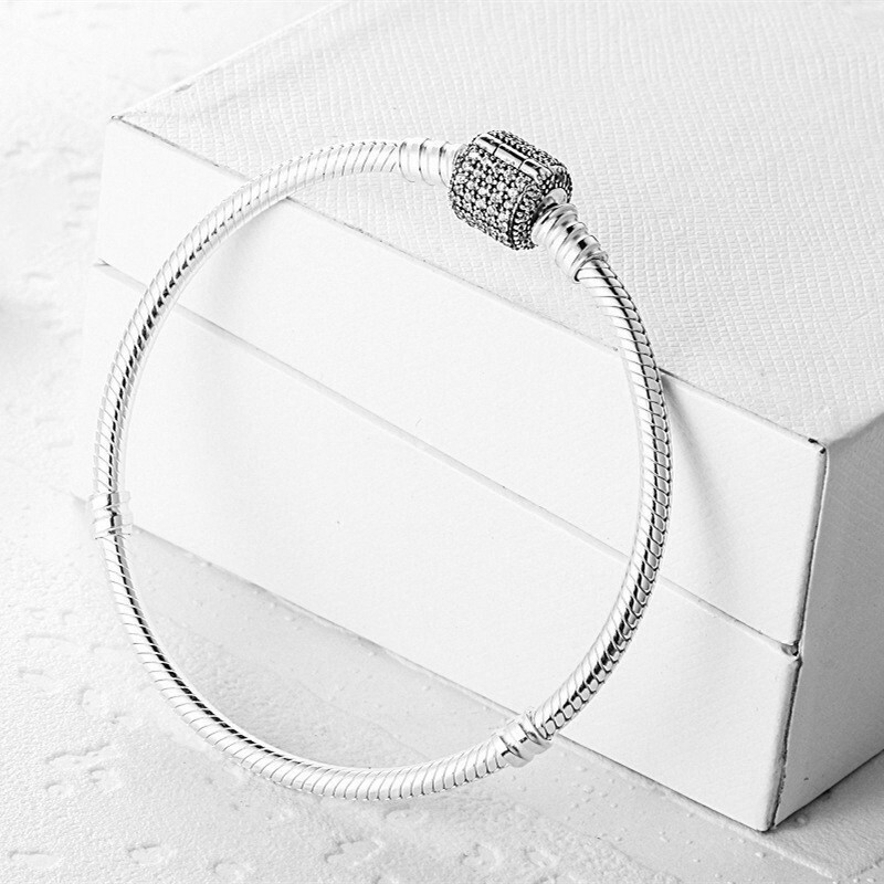 Queenqier CZ S925 Silver Bangle Bracelet Snake Chain For European Charms Beads