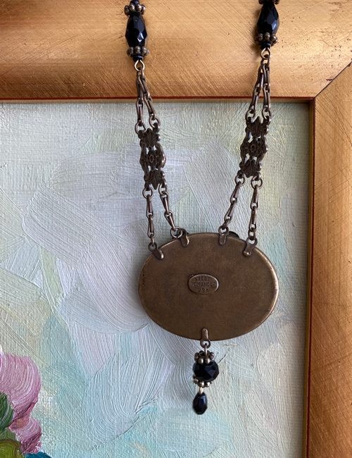 Sweet Romance Necklace Brass Black Beads Crystal Victorian Cameo