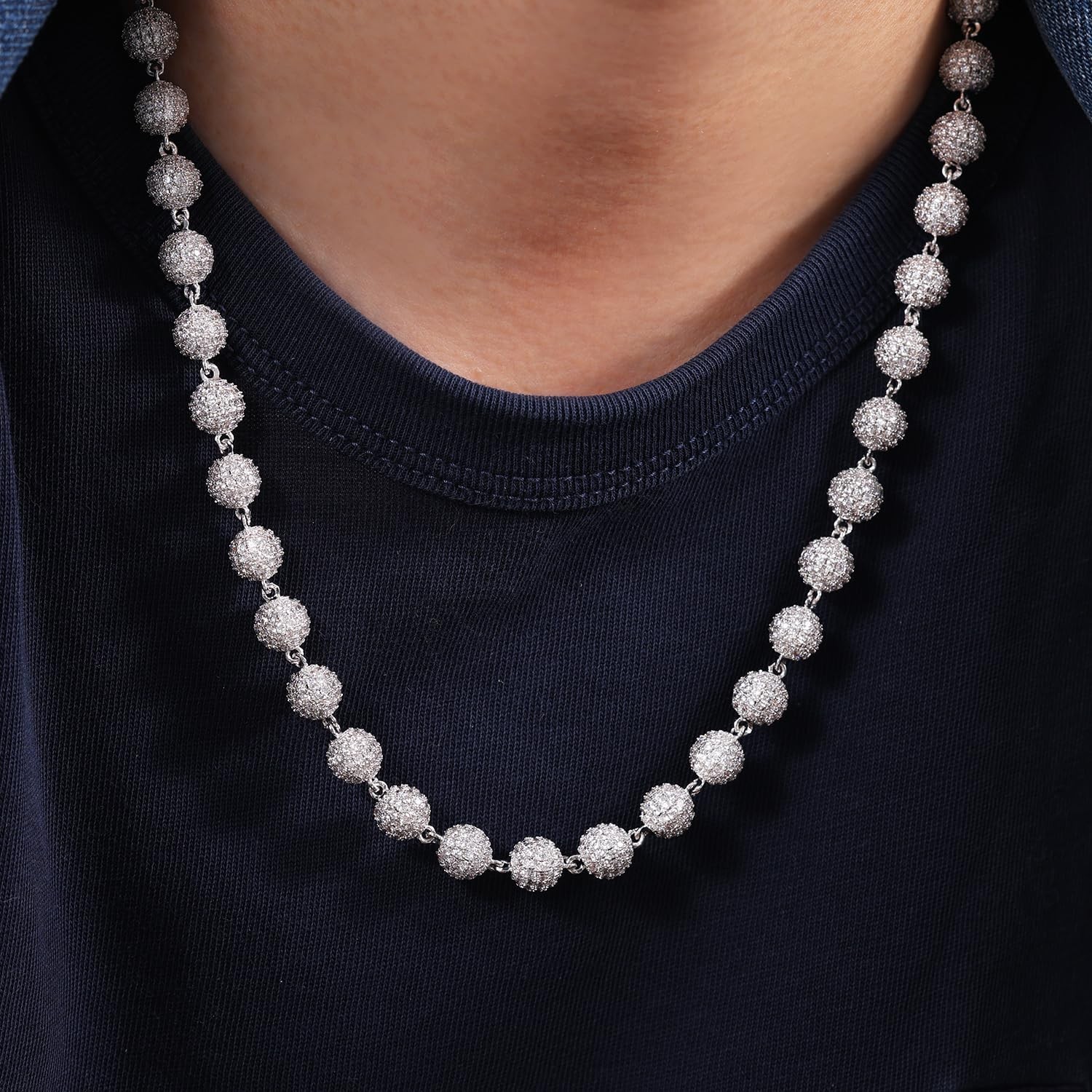 Iced Out 8mm Round Beaded Chain Necklace for Men & Women, Gold/White Gold Plated
