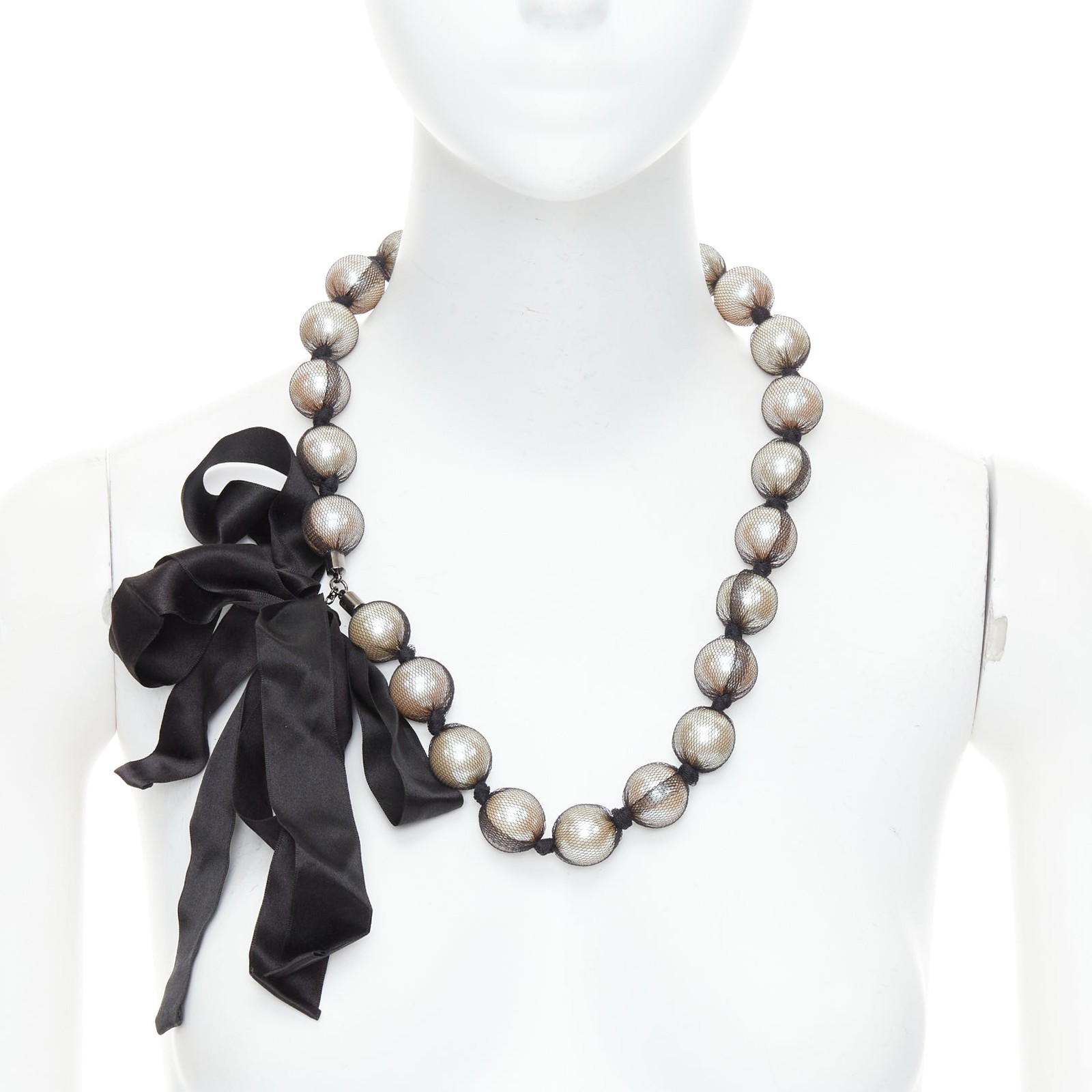 LANVIN black wrapped large faux pearl double ribbon tie princess necklace