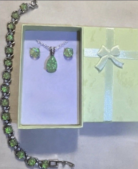 DEAL! Gorgeous Green Fire Opal Teardrop Necklace, Earrings, & Bracelet Set