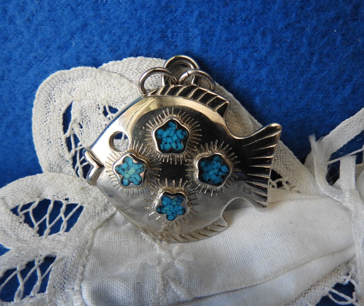 Vintage Rare Trifari Persian Turquoise Fish Pendant 1 7/8″ X 1 7/8″