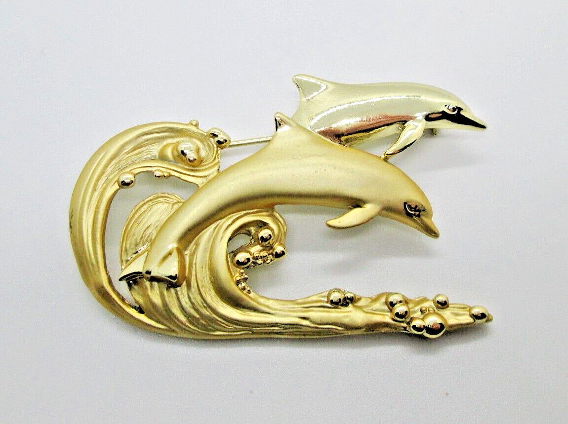 Vintage Dolphins In The Waves Brooch Pin AJC Signed Gold Tone 2 5/8″