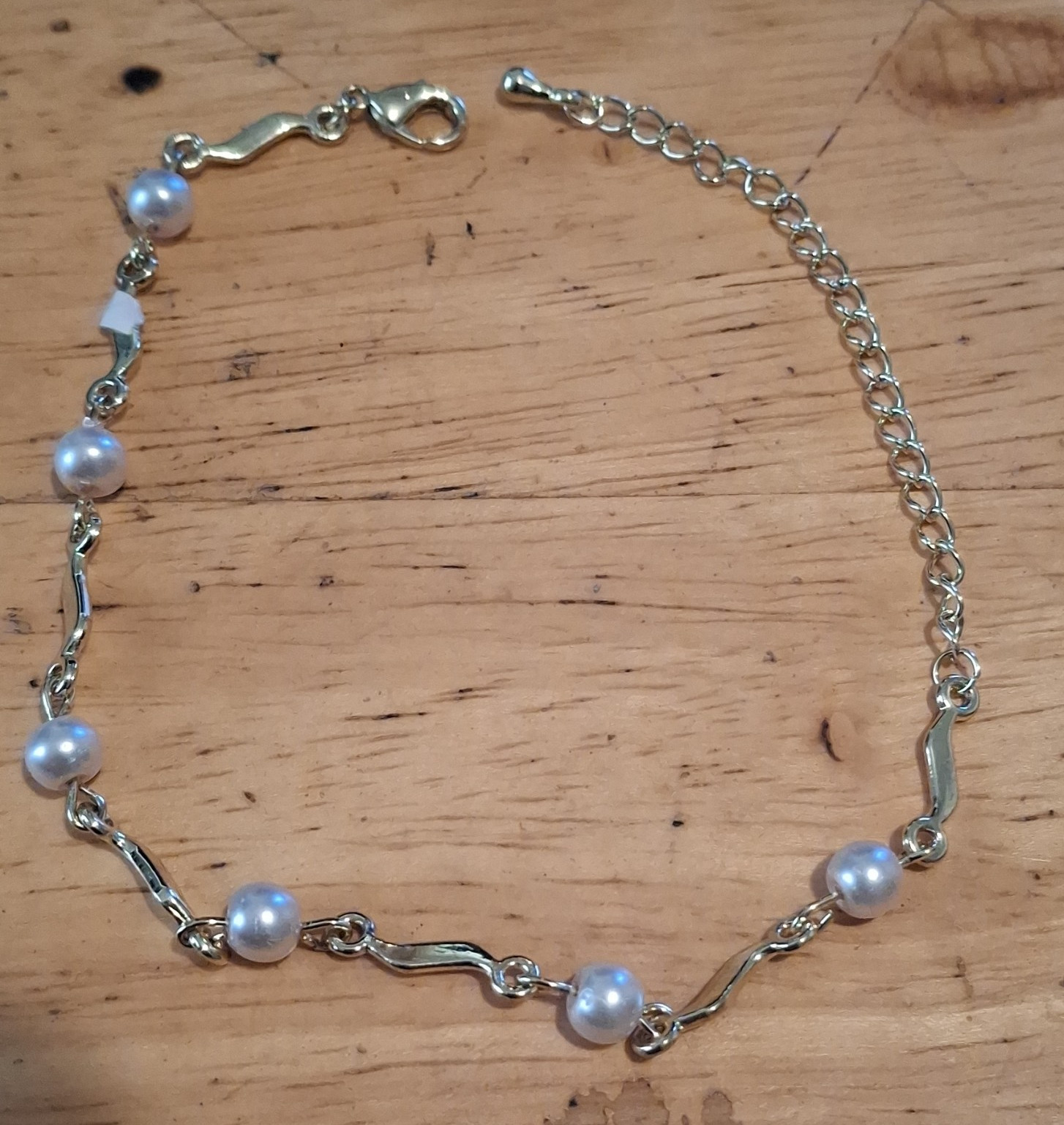 Silver Tone Cable Chain Bracelet White Imitation Pearl Beads Lobster Clasp