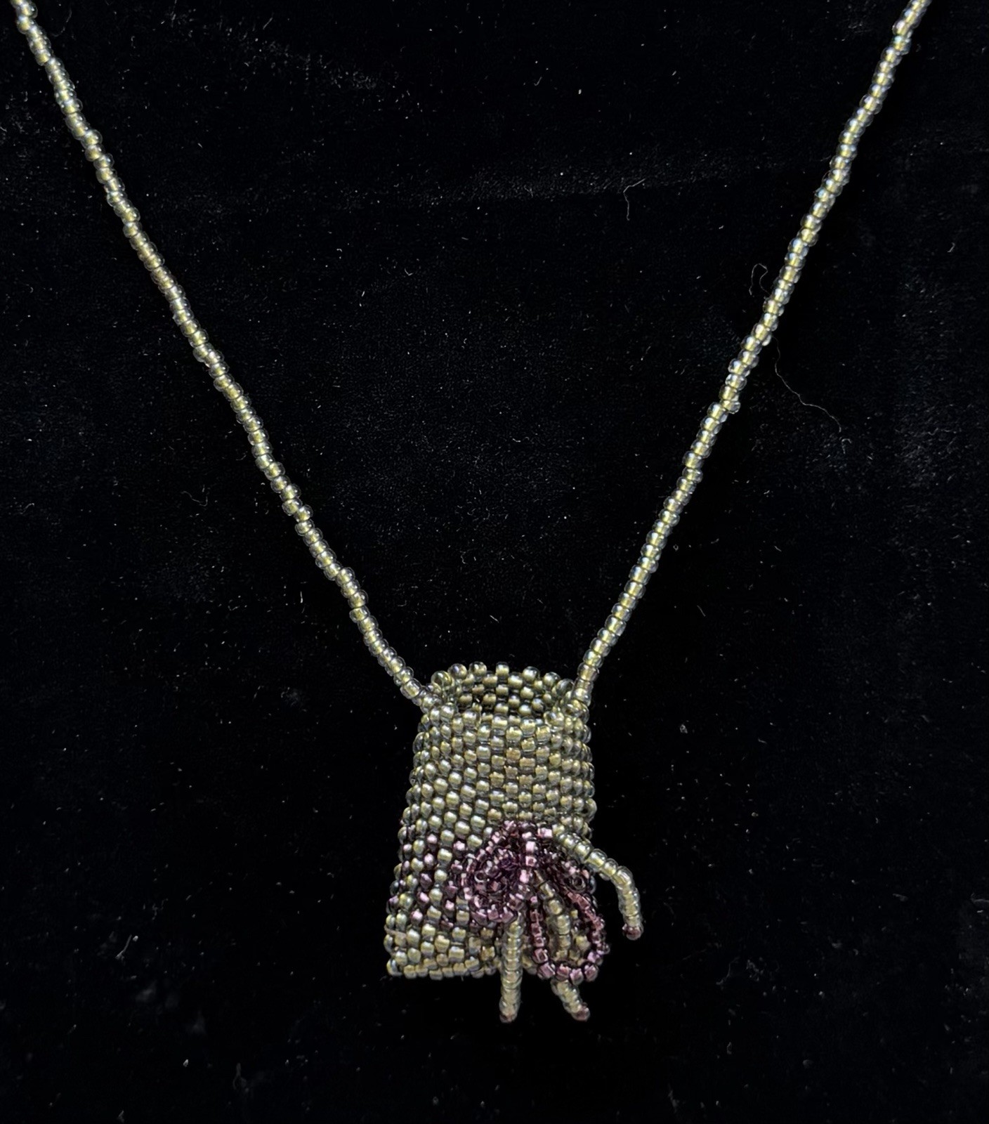 Vtg Iridescent Seed Bead Necklace w/Medicine Pouch Flower Embellished Ren Faire