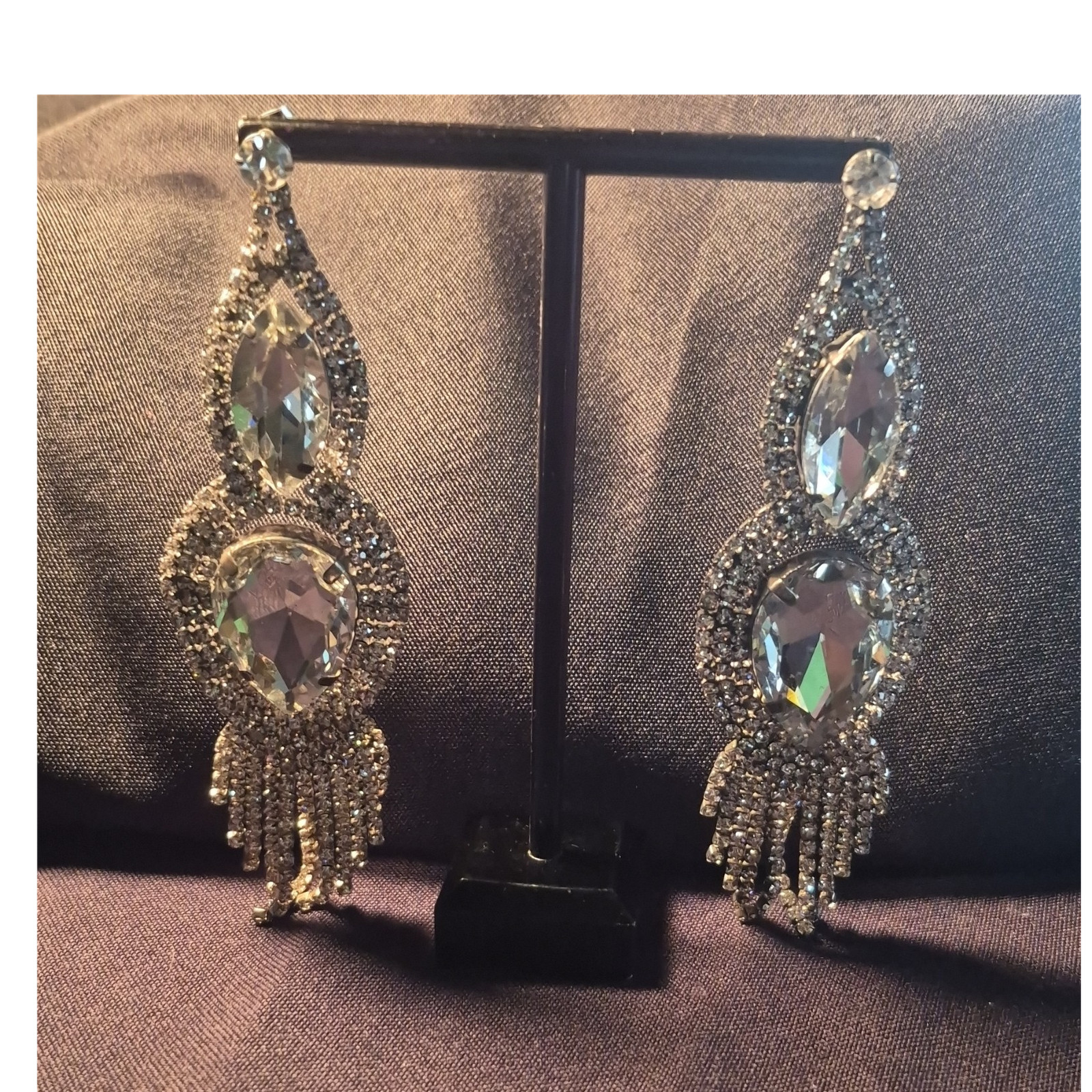 Silver Tone Chandelier Dangle Drop Earrings Clear Simulated Crystal Teardrop