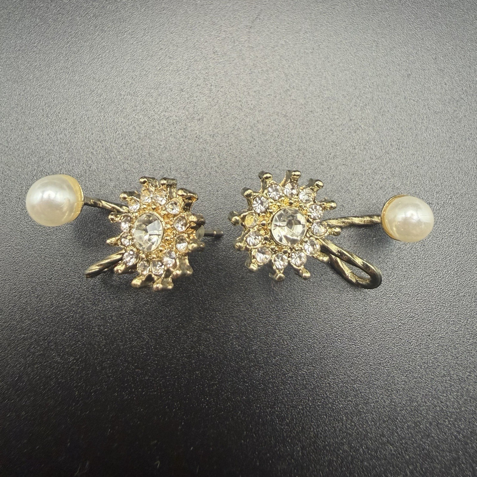 Gold Tone Rhinestone Sunburst & Pearl Twist Lobe Hugger Stud Cuff Earrings New