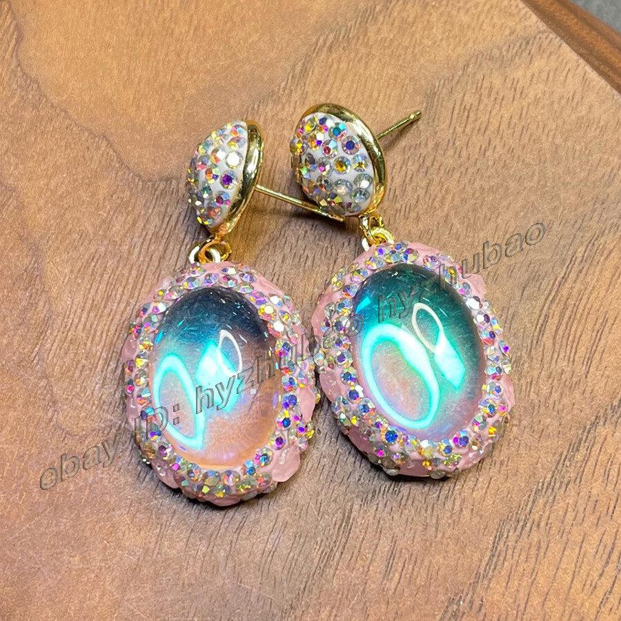 Synthetic Colorful Moonstone Gem Beads Inlay Earrings +Ring+Pendant Necklace Set