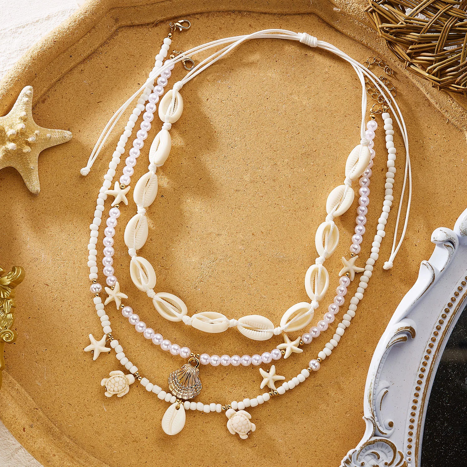 Bohemian Elegant Multilayer Sea Shell Rice Beads Necklace For Women Starfish Pen