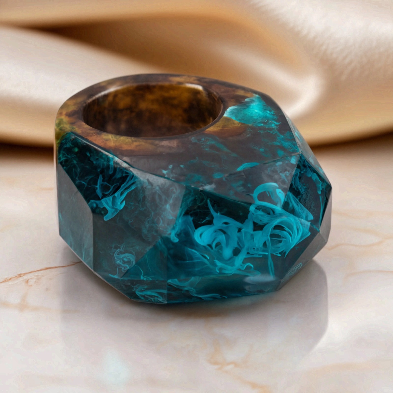 Wood Resin Ring Ocean Blue Epoxy Landscape Faceted Statement Ring Handmade Band