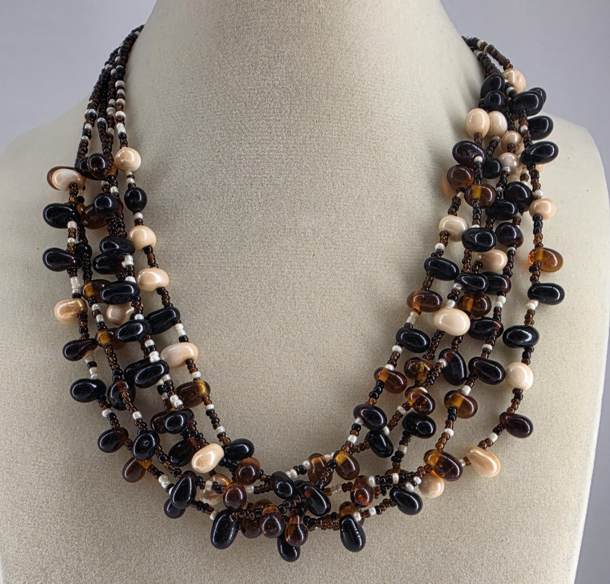 Multi Strand Beaded Necklace Brown Black Cream Gold Tone 17″ + Extender