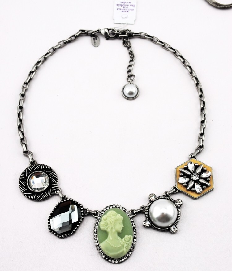 Lia Sophia Nostalgia Cameo, Crystals, Resin,Glass Pearl Charm Statement Necklace