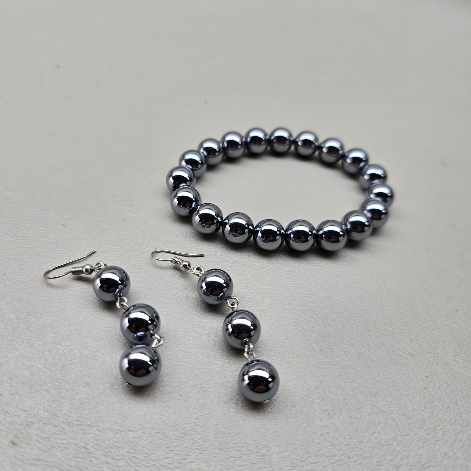 Bracelet Earrings Set Modern Beaded and Dangle Gunmetal Tone 6.5 Inch