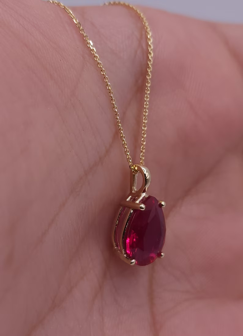 0.25 Ct Pear Cut Simulated Ruby Solitaire Charm Pendant 14K Yellow Gold Plated