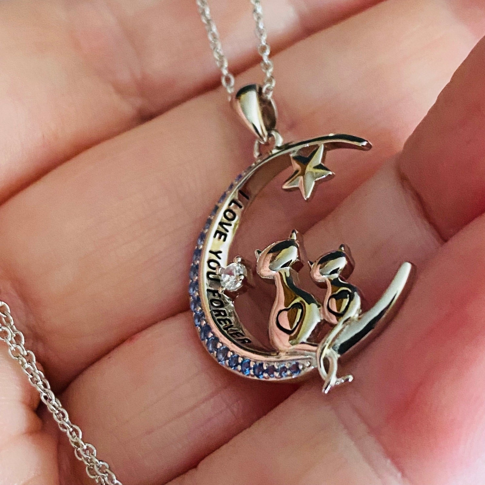 Cats Moon I Love You Forever CZ Sterling Silver Necklace