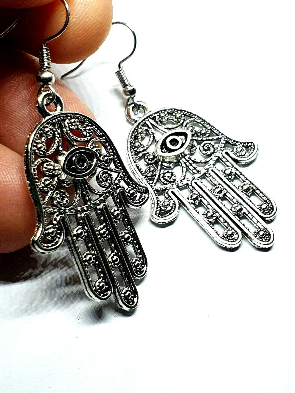 Large Hamsa Earrings Evil Eye Protection Filigree Silver Drop Dangle Jewellery