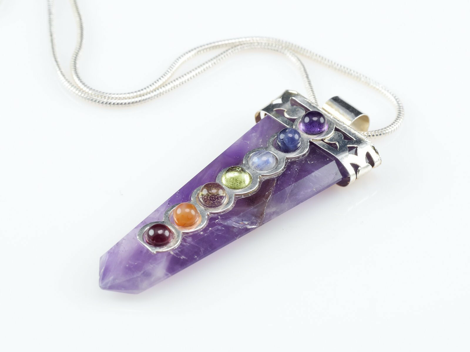 Amethyst Crystal Point 7 Chakra Gemstone Silver Pendant Necklace Reiki Healing