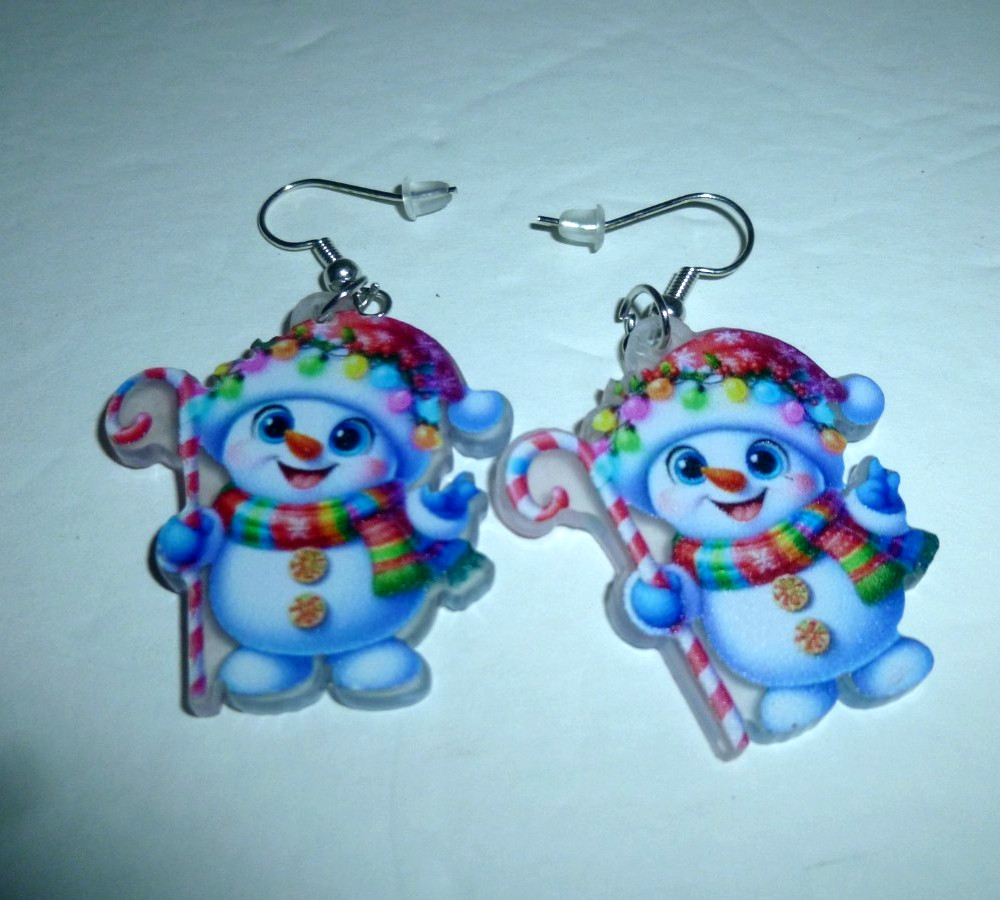 Acrylic Snowman Earrings-1.5″ x 1.25″-Brand New!!