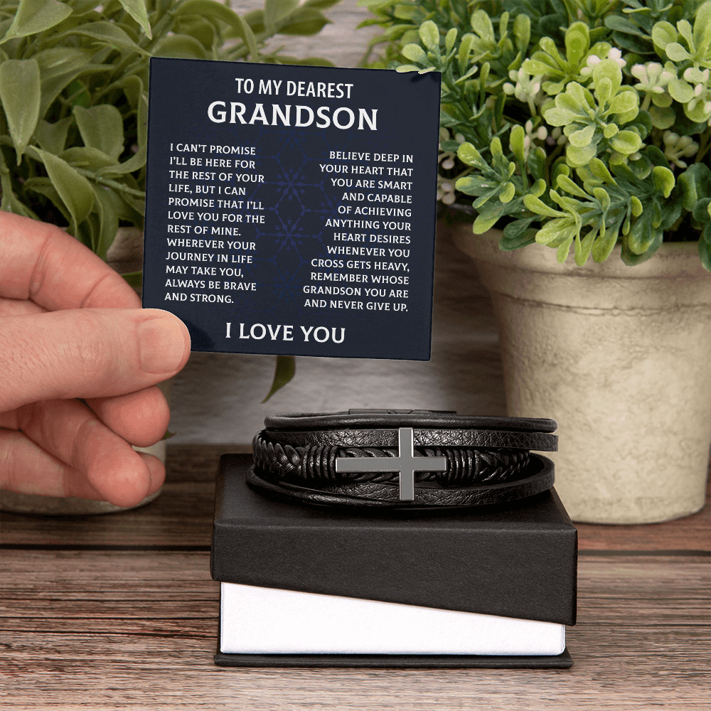 To My Dearest Grandson Cross Bracelet Christmas Birthday Graduation Gift for Men