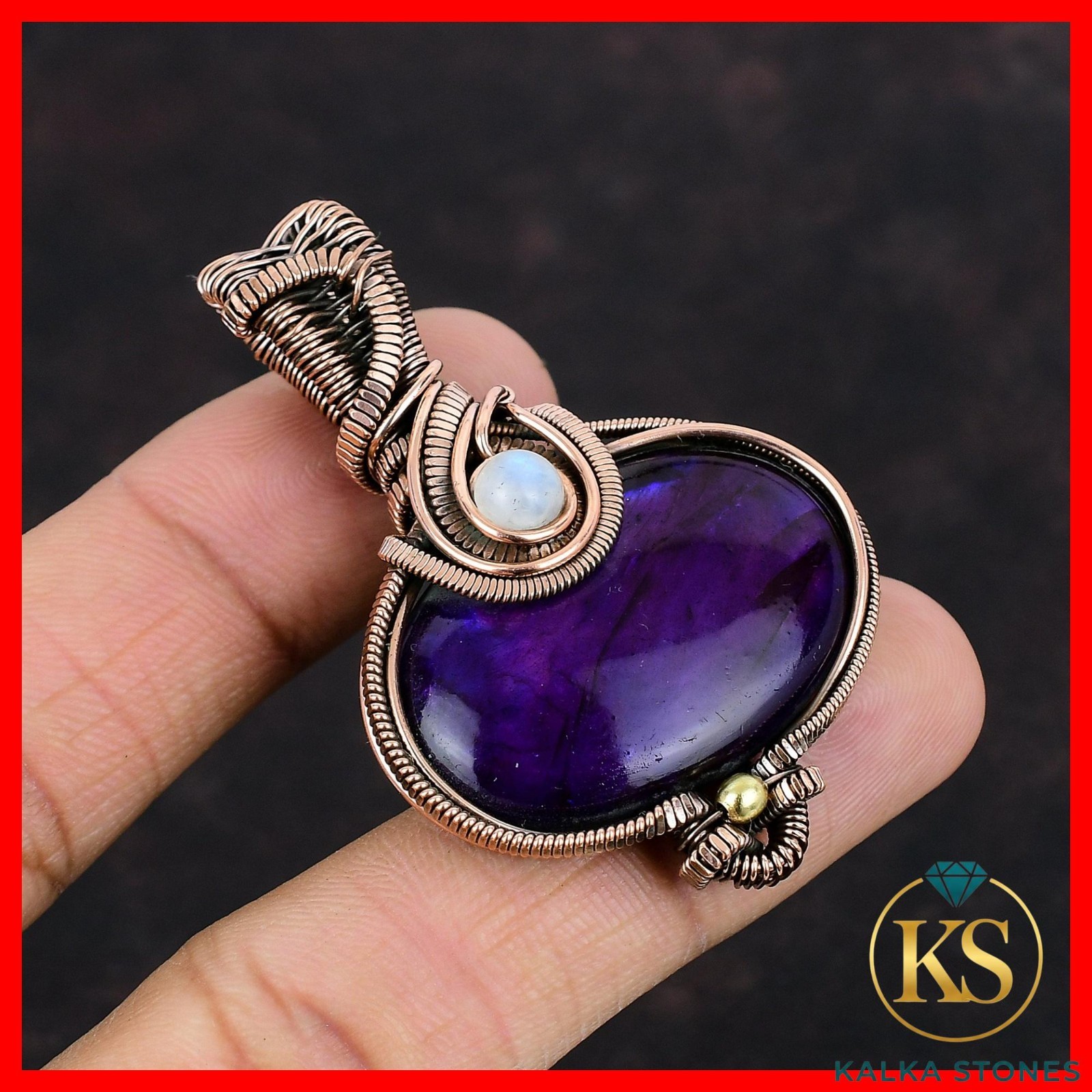 Copper Oval Purple Fire Labradorite Stone Rainbow Moonstone New Pendant Jewelry