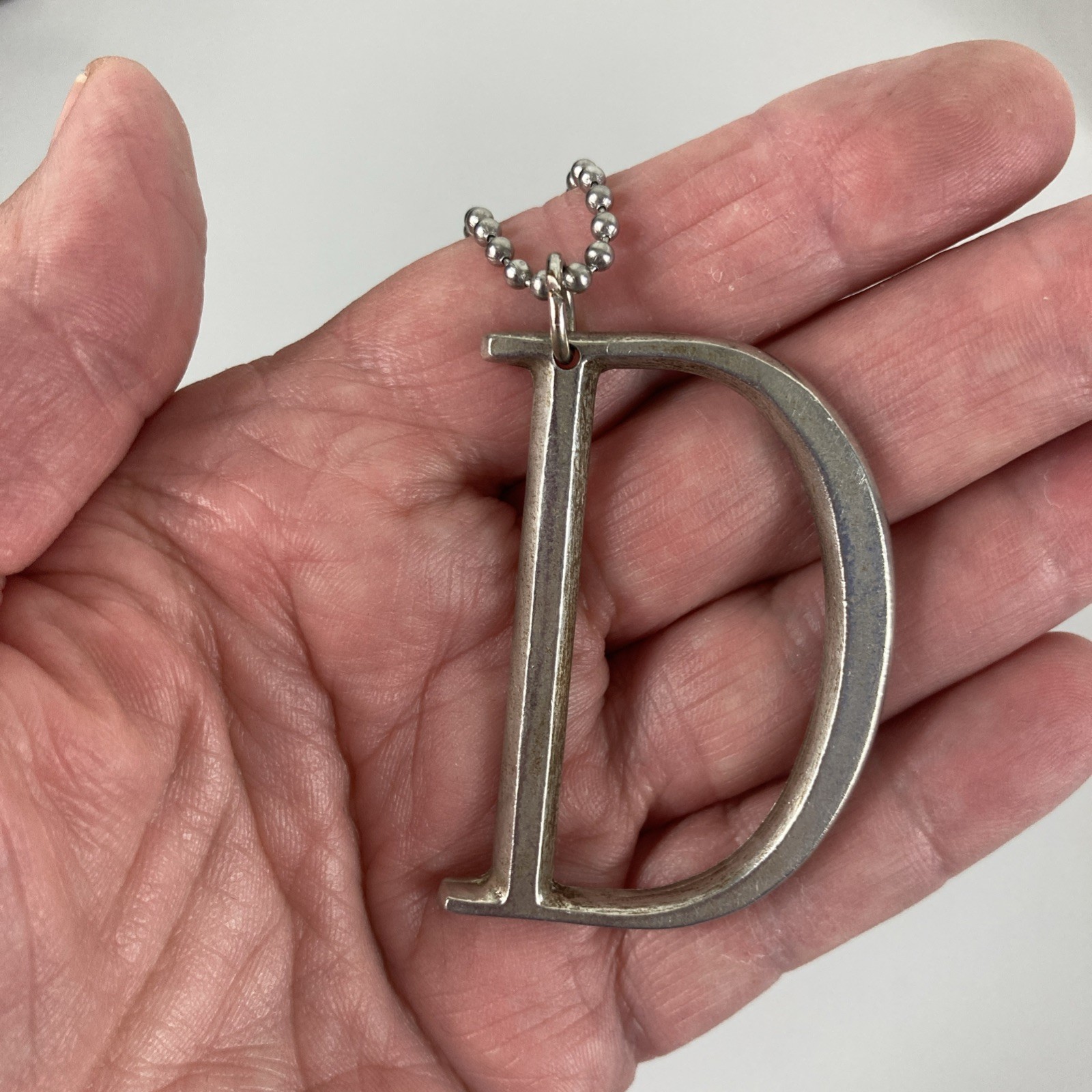 Letter D Initial Metal Pendant 2″ x 1-3/8″ Silvertone Chain Necklace 40″ Long