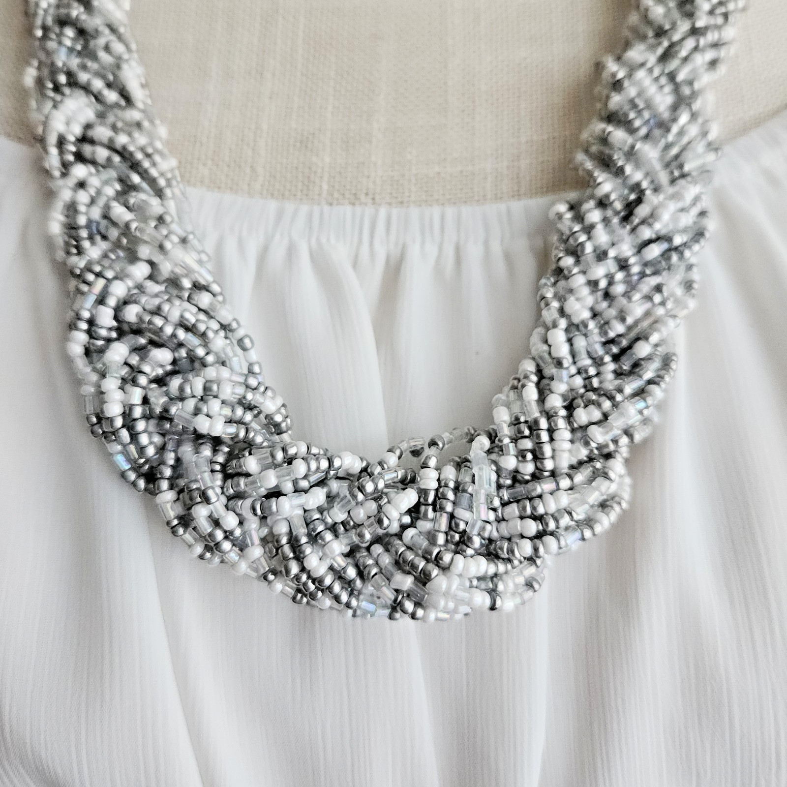 Silver & White Multi-Strand Seed Bead Braided Statement Necklace 26″