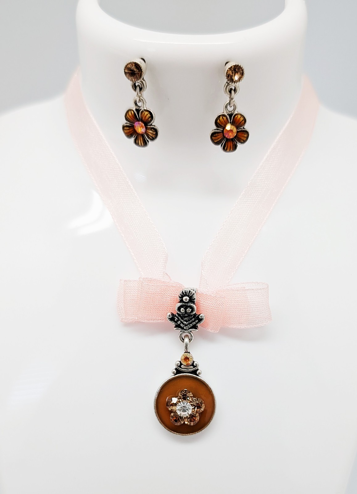 DESIGNER INSPIRED PEACH ORGANZA BROWN CLEAR CRYSTAL VICTORIAN CHOKER JEWELRY SET