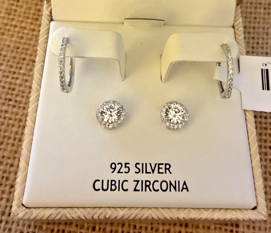 Lake + Gray Set Of 2 CZ/Sterling Silver Earrings 1 Huggie 1 Stud NEW IN BOX