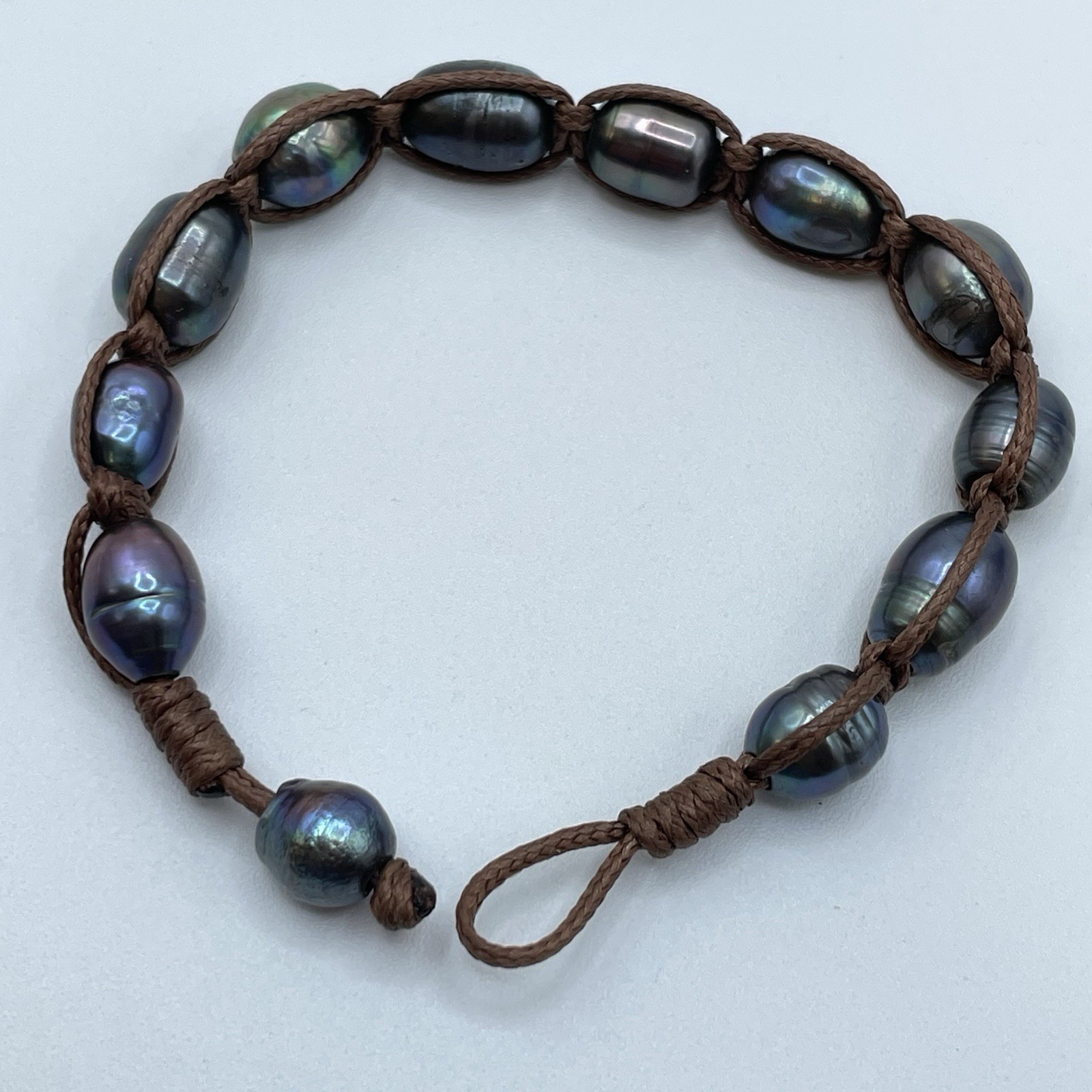 Black Peacock Peal Brown Cord Statement Bracelet 6.5″ Freshwater Boho Beautiful
