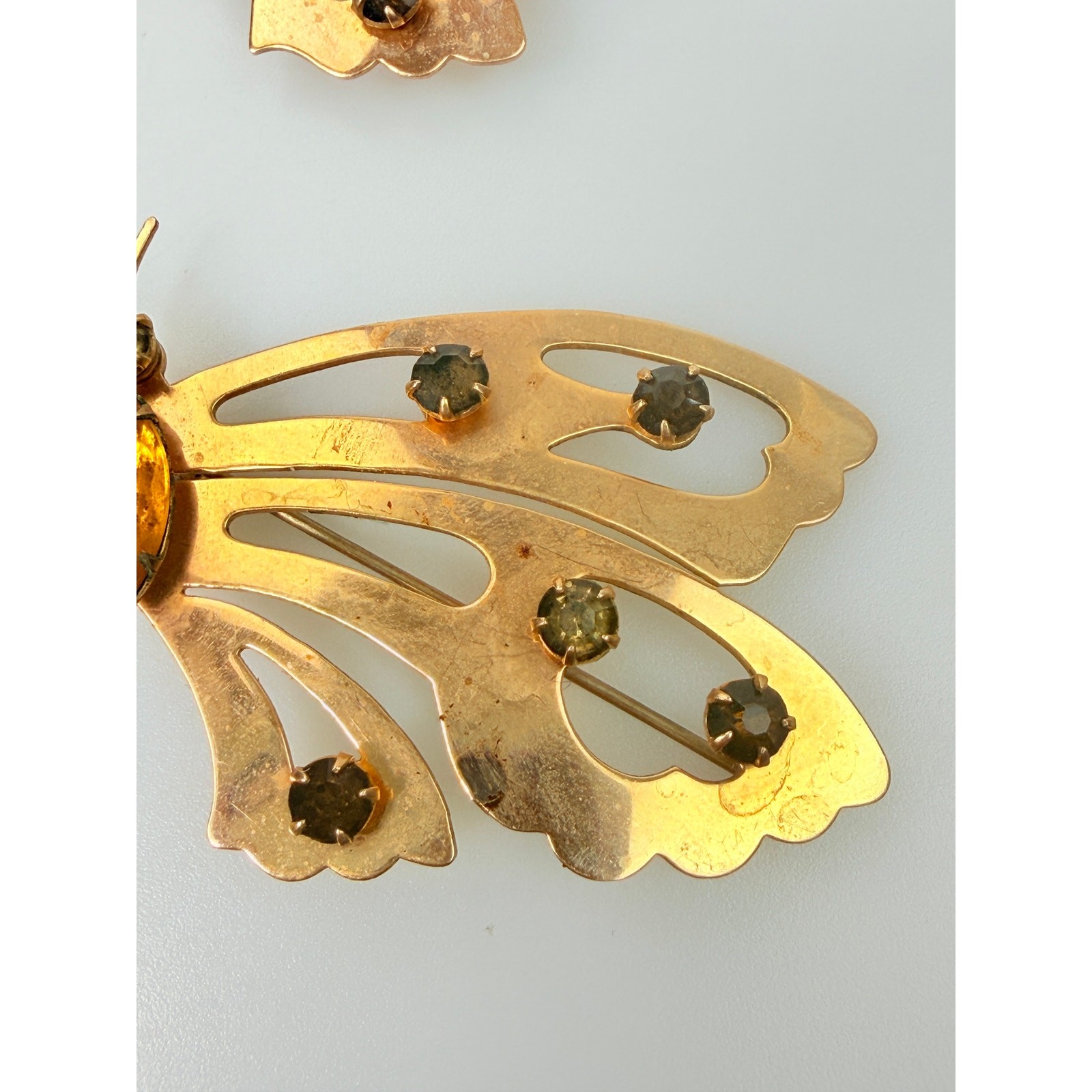 Vintage Linc Gold Butterfly Pins Set of 2 1/20 12-KGF Amber Brown Rhinestones