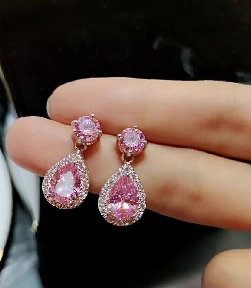 Drop Dangle Earring’s 2CT Pear Cut Simulated Pink Sapphire 14K White Gold Plated