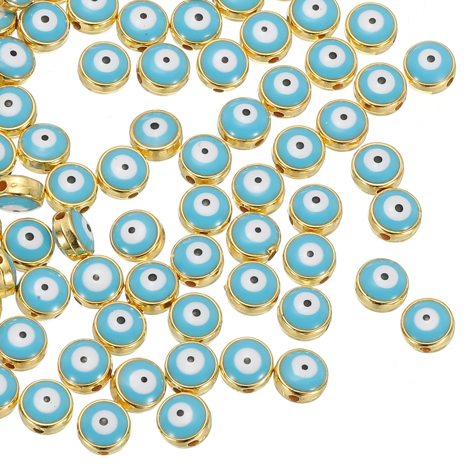 60 Pcs 8mm Flat Round Evil Eye Beads with Golden Edge, Lake Blue