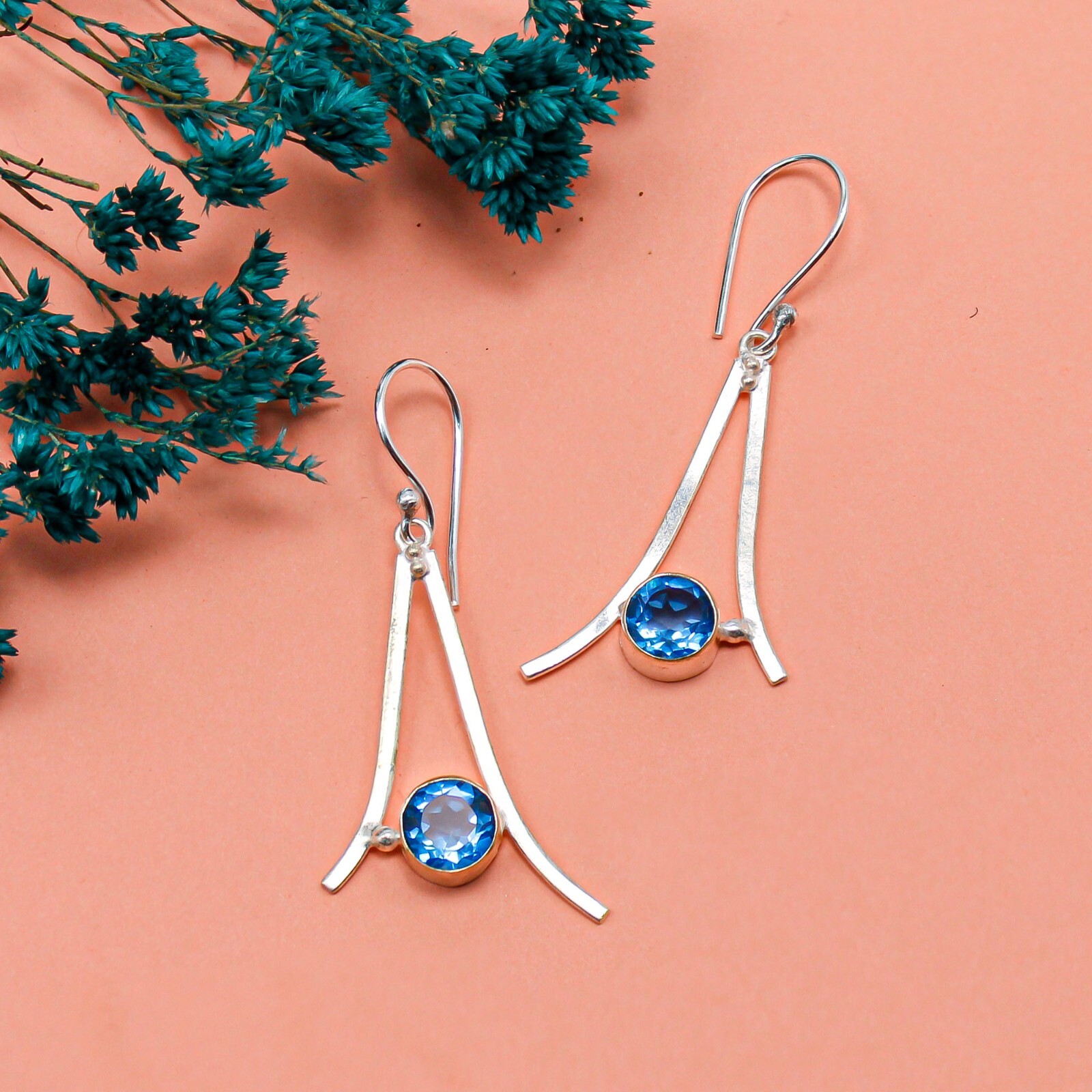 Swiss Blue Topaz Gemstone Sterling Silver Jewelry Handmade Earrings 1.4″ For Her