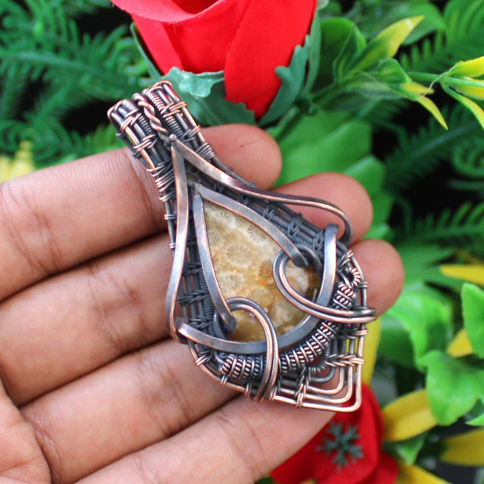 Fossil Coral Handmade Pendant Copper Wire Wrapped Pendant Copper Wire Jewelry