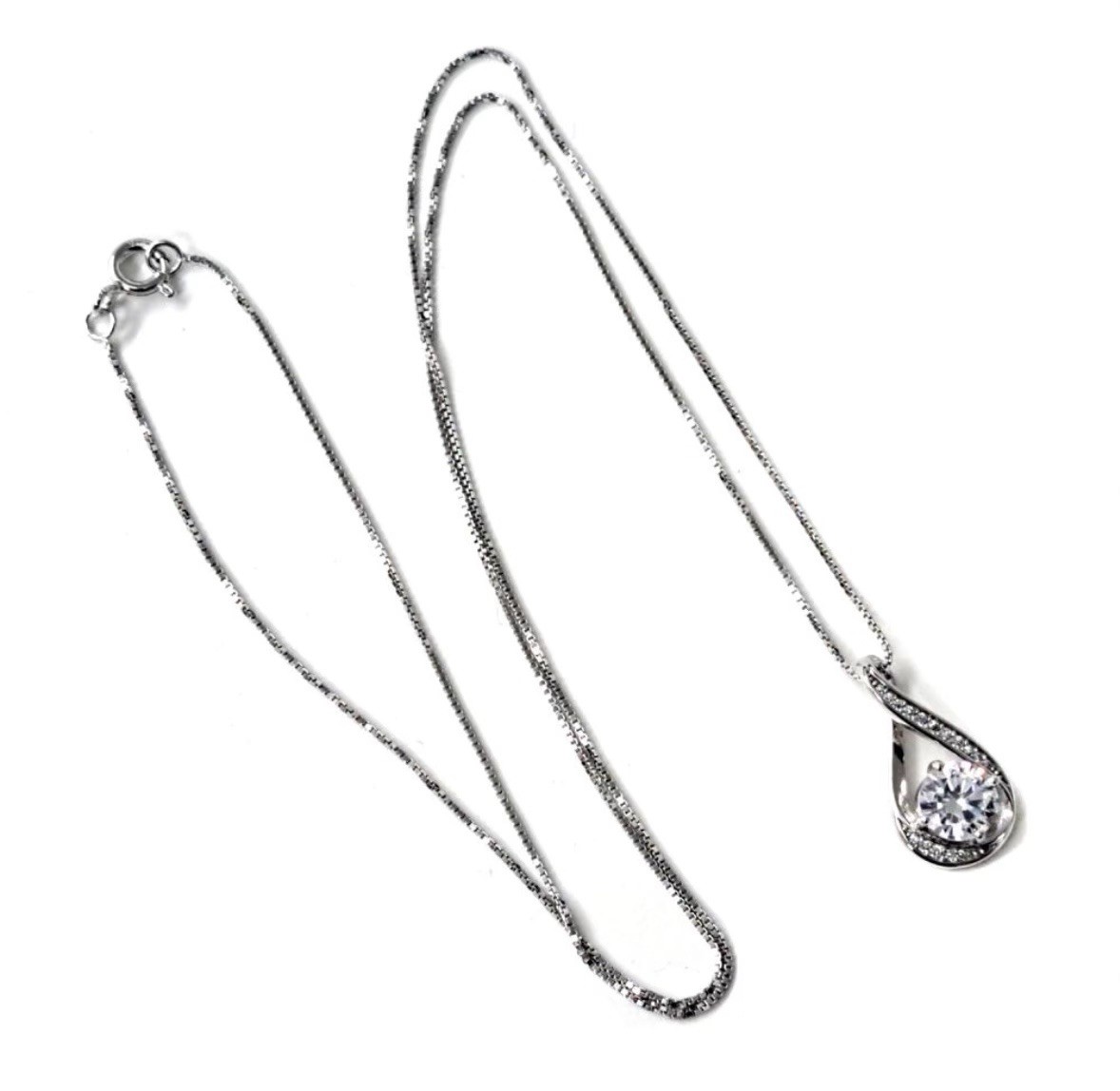 Silver Teardrop Pendant Necklace Cubic Zirconia Box Chain Prong Setting