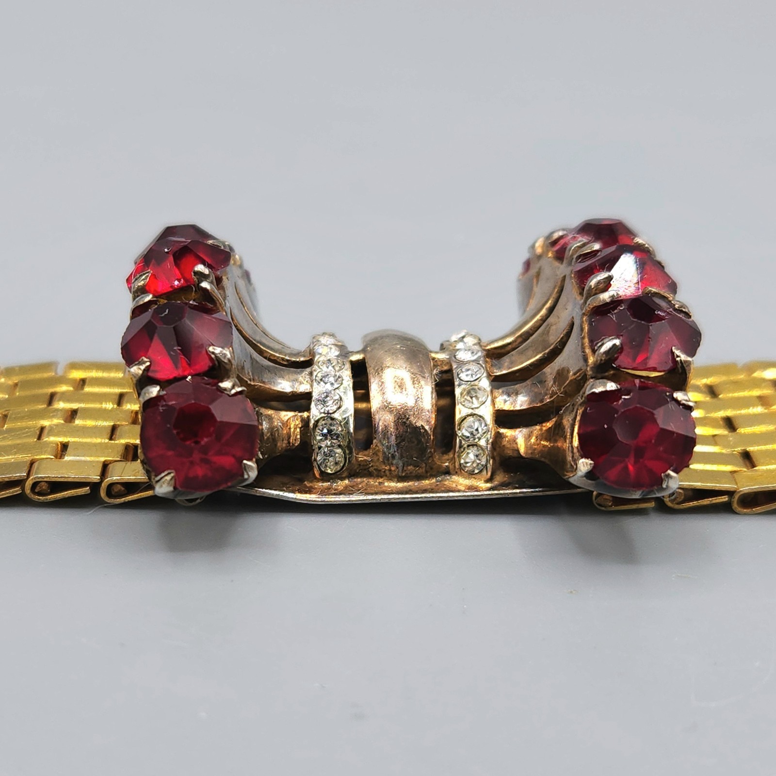 Unsigned Reinad Retro 12K GF Red Paste Crystal Brick Link Cuff Bracelet 6.5″