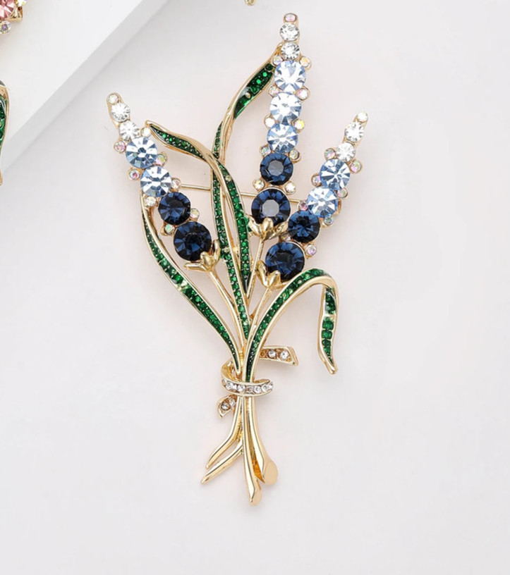 Luxury Blue Flower Bouquet Brooch Floral Gold Autumn Fall Pin Winter JewelryGift