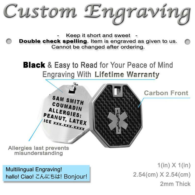 Medical Alert ID Pendant Necklace Custom Engrave Stainless Steel Gray 27in Chain