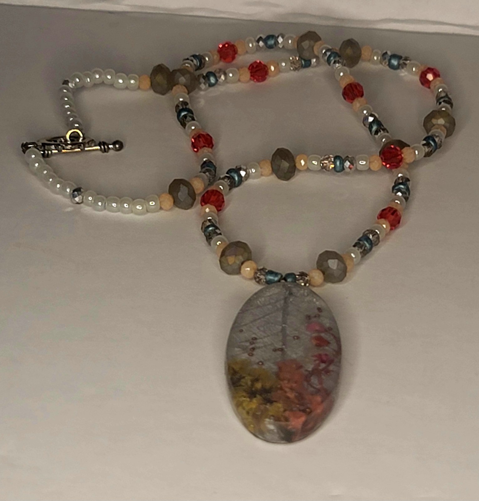 Multicolor Glass & Stone Beaded Necklace Oval Pendant Toggle Clasp Nature