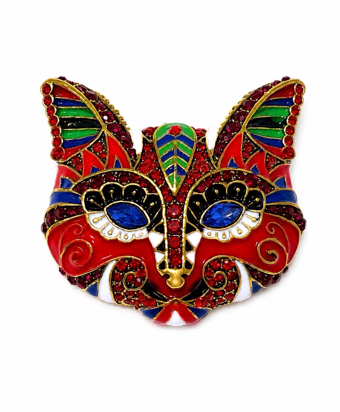 Red Green Cat Face Mardi Gras Tattoo Blue Rhinestone Eyes Brooch