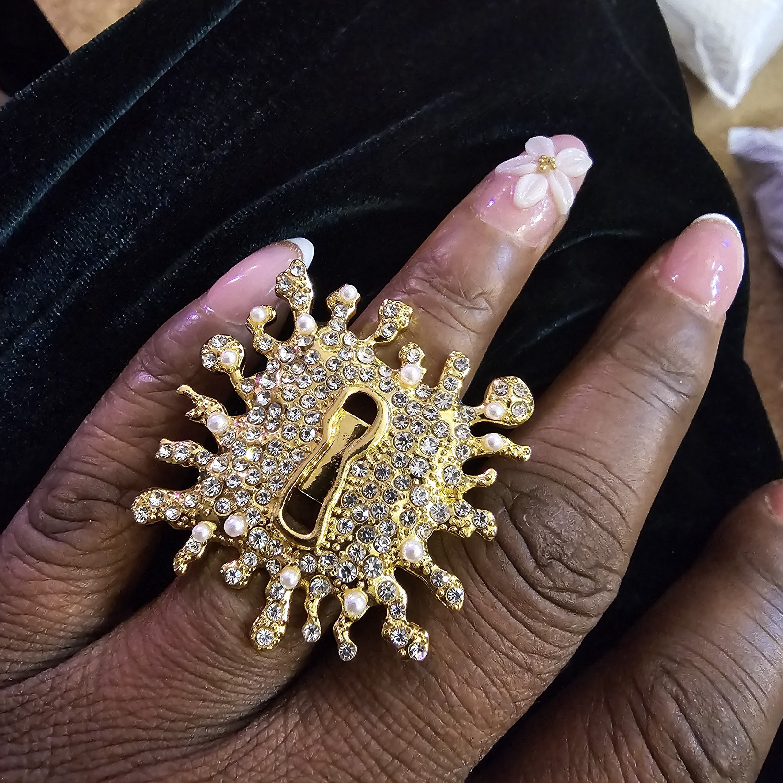 Schiaparelli Inspired Pave Keyhole Gold Plated Ring 1. 5 In