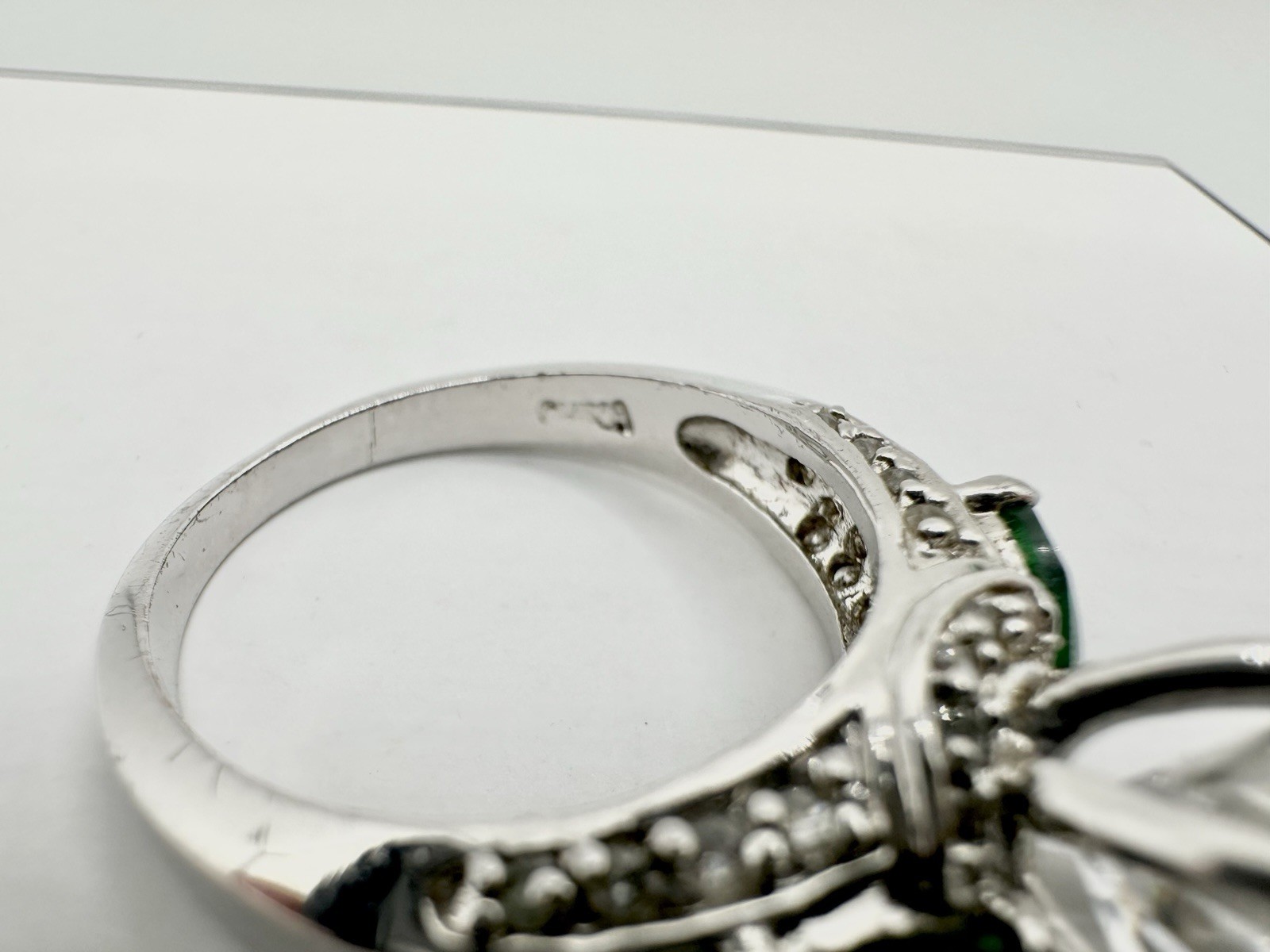 Silver Tone Cocktail Ring SZ8 Green Bling Signed China? Stone Missing Read